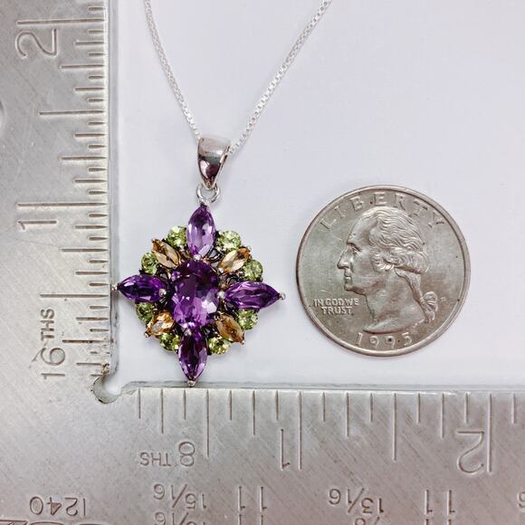 Sterling Silver Amethyst Peridot Citrine Floral Star Cluster Pendant Necklace - Picture 13 of 17
